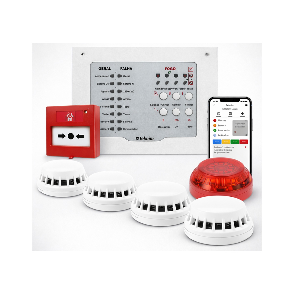 [TFP-3122+TXM-5474+VR] Kit Incêncio GSM V/R 4 Det./Bot/Sirene e App